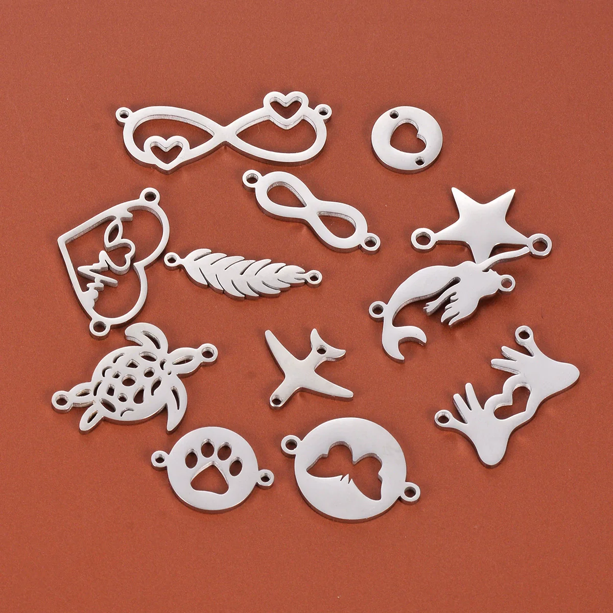 Stainless Steel Jewelry Pendant With Geometric Shape Electroplating Palm Heart Infinite Symbol Turtle Mermaid Airplane Double Hole Design - Image 4