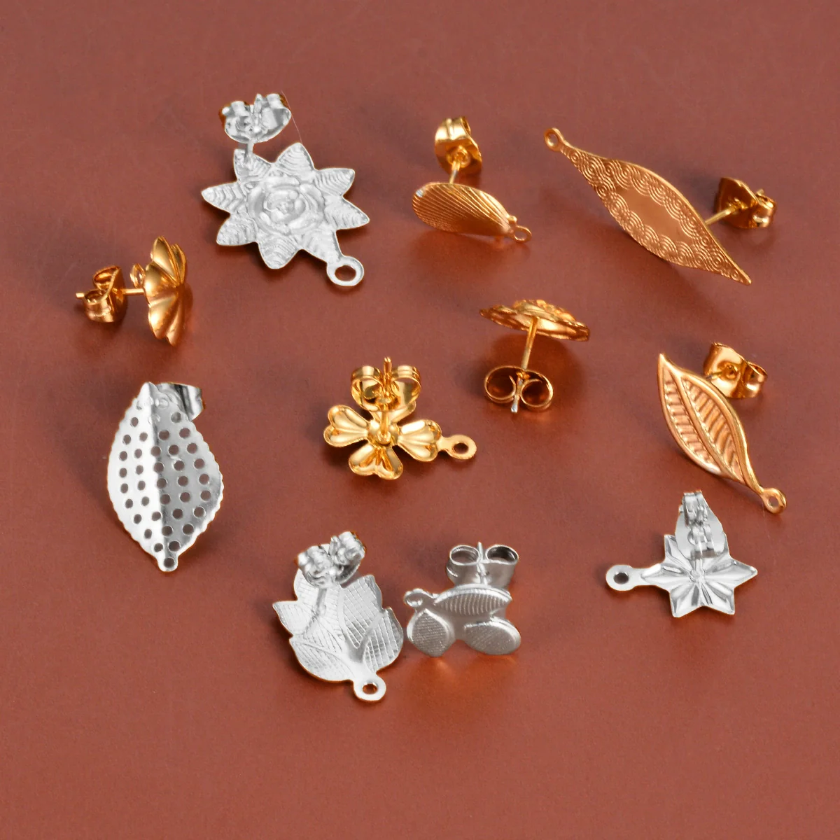 Stainless Steel Leaf Flower Stud Earrings Handmade With Electroplating And Multishape Design - Image 4