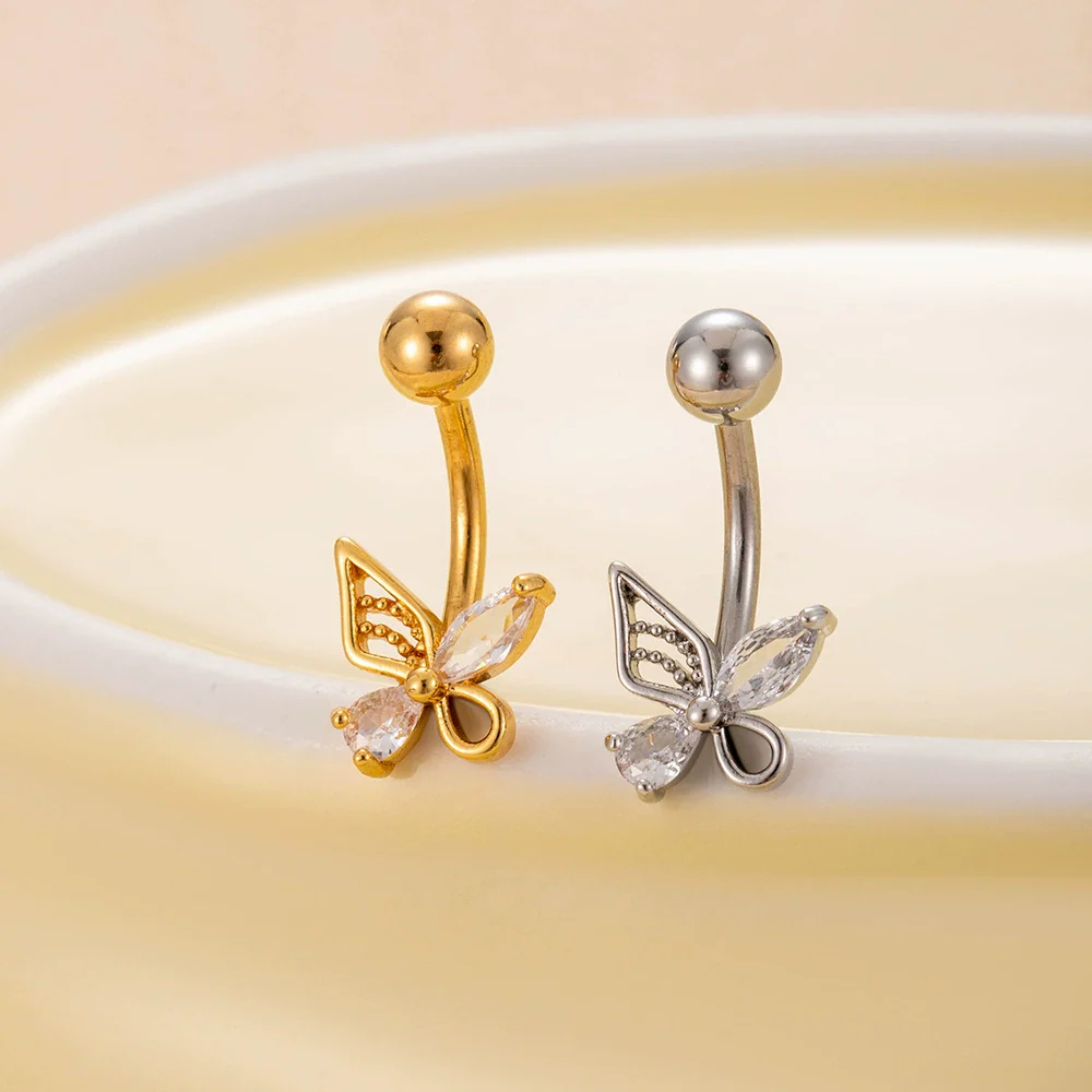 Stainless Steel Navel Ring With Zircon Butterfly Snake Design Electroplated Women's Fashion Jewelry - Image 3