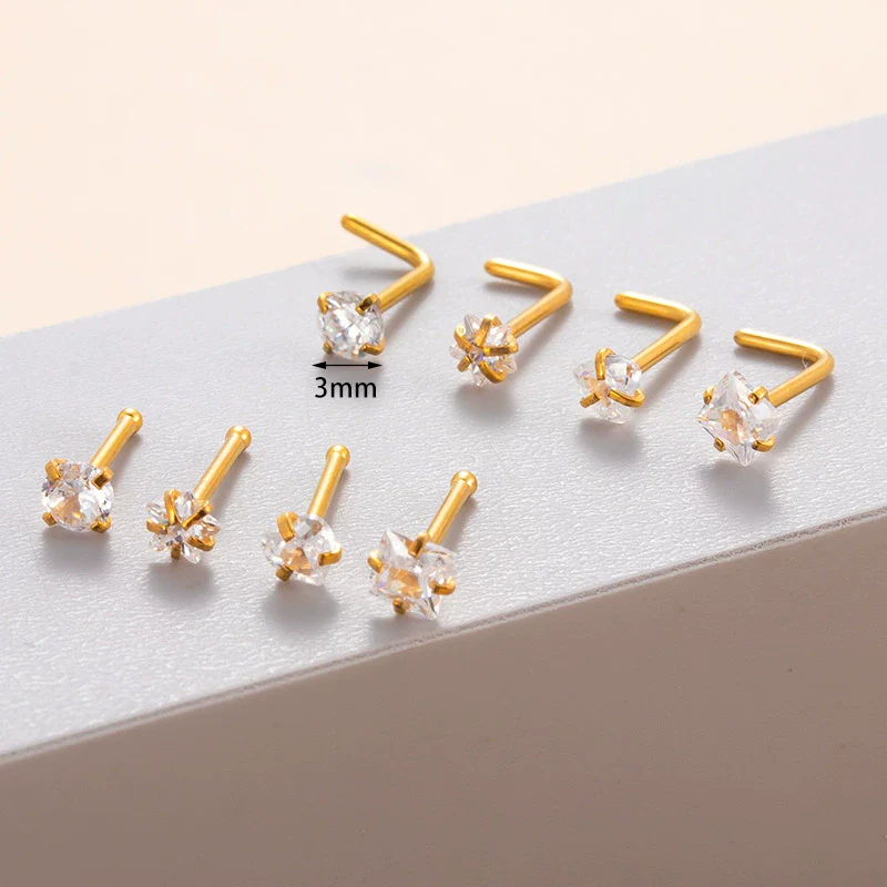 Stainless Steel Nose Nail Love Fivepointed Star Square Round Geometric Inlaid Zircon Puncture Jewelry For Women