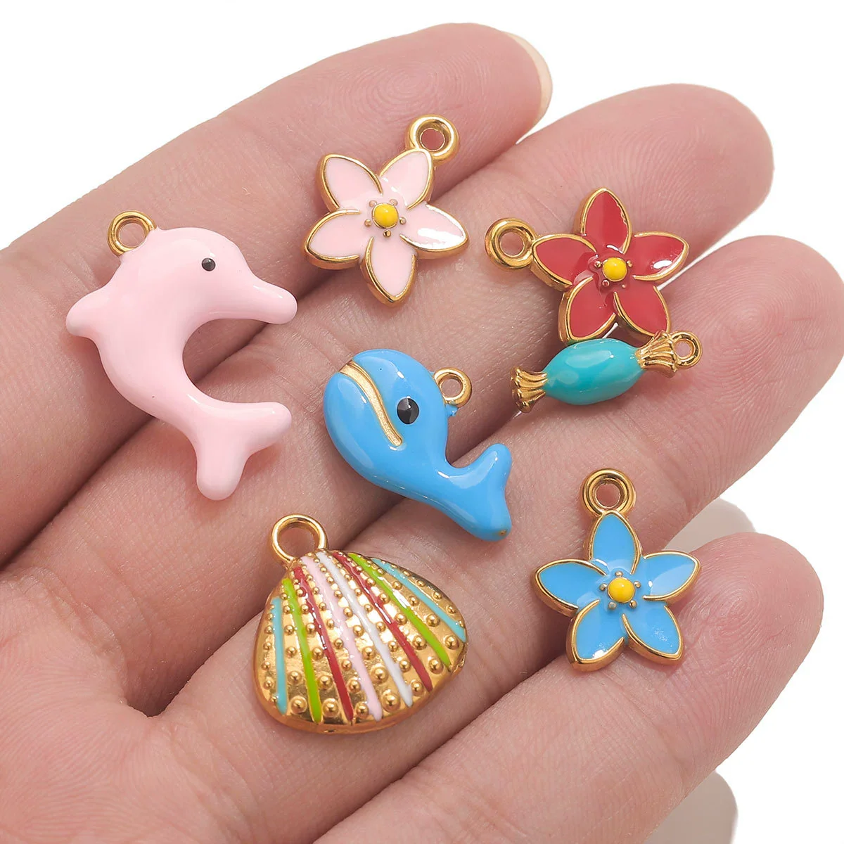 Stainless Steel Oil Dripping Dolphin Flower Shell Pendant Jewelry Accessories - Image 4