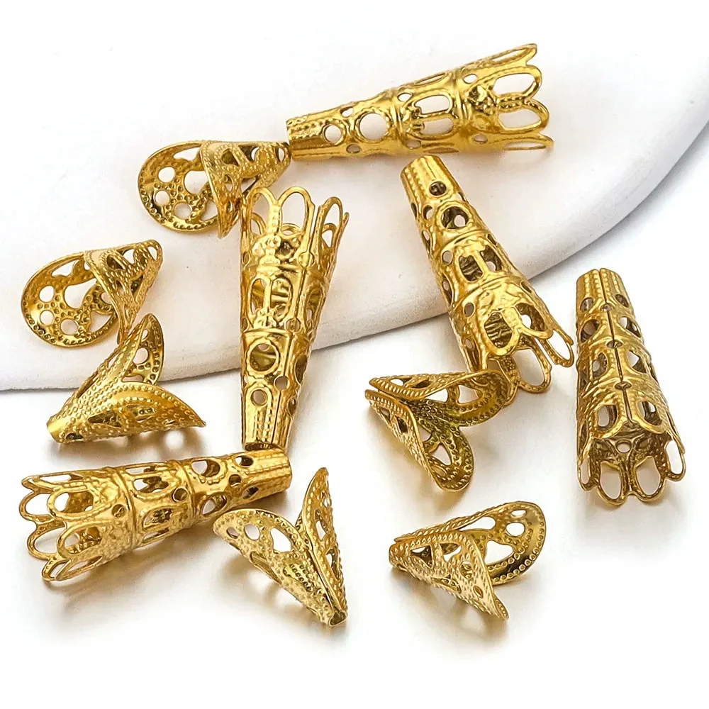 Stainless Steel Retro Funnelshaped Flower Bead Cover For Diy Necklace Bracelet Jewelry With Electroplating And 18K Gold Vacuum Plating