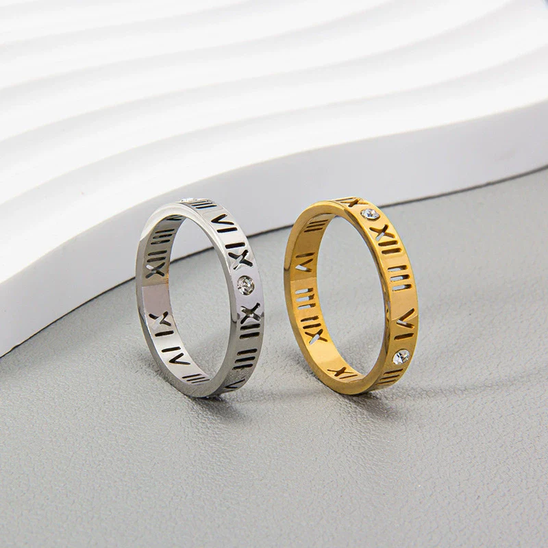 Stainless Steel Ring With Roman Digital And Letter Pattern Gold Plated Hollow For Couples