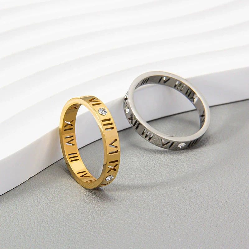 Stainless Steel Ring With Roman Digital And Letter Pattern Gold Plated Hollow For Couples - Image 2