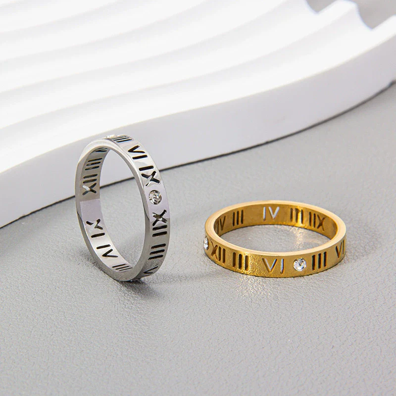 Stainless Steel Ring With Roman Digital And Letter Pattern Gold Plated Hollow For Couples - Image 3