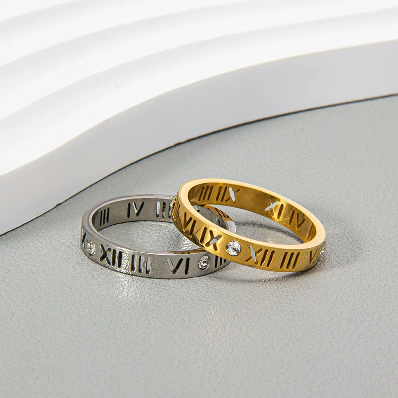 Stainless Steel Ring With Roman Digital And Letter Pattern Gold Plated Hollow For Couples - Image 4