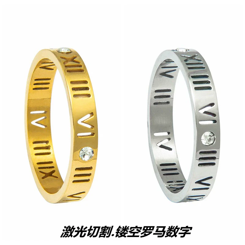 Stainless Steel Ring With Roman Digital And Letter Pattern Gold Plated Hollow For Couples - Image 5