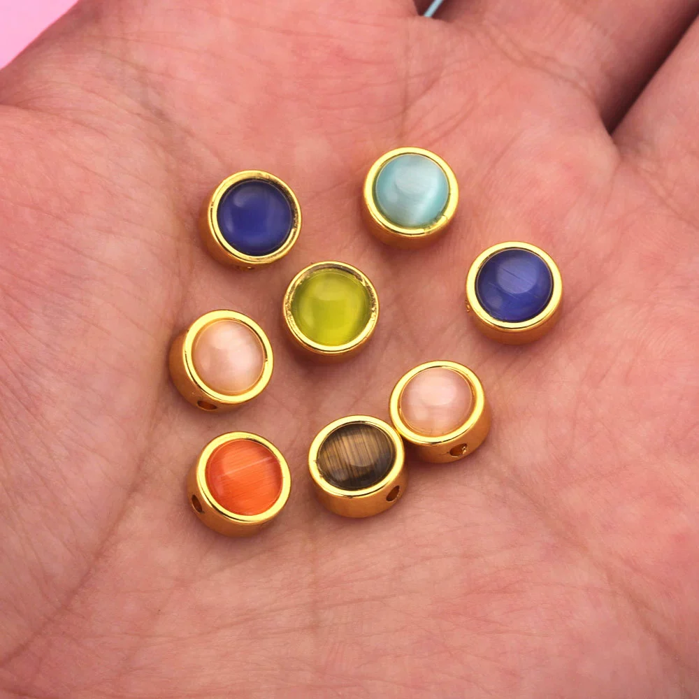 Stainless Steel Round Loose Beads Diy Jewelry Accessories With Cat's Eye Stone And Electroplating Treatment - Image 3