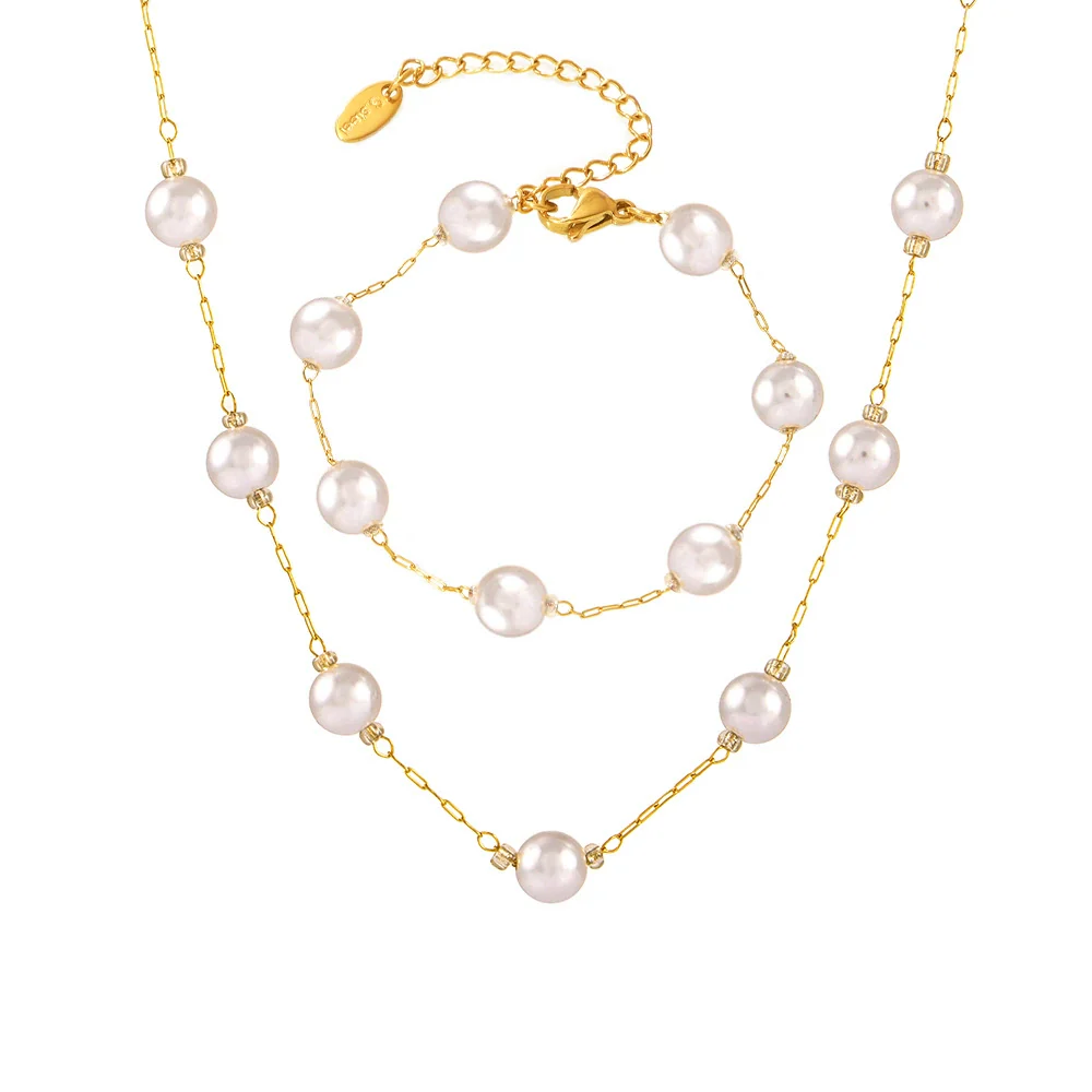 Stainless Steel Shell Beads Round Clavicle Necklace Bracelet Electroplated Light Style Women's Accessories - Image 5