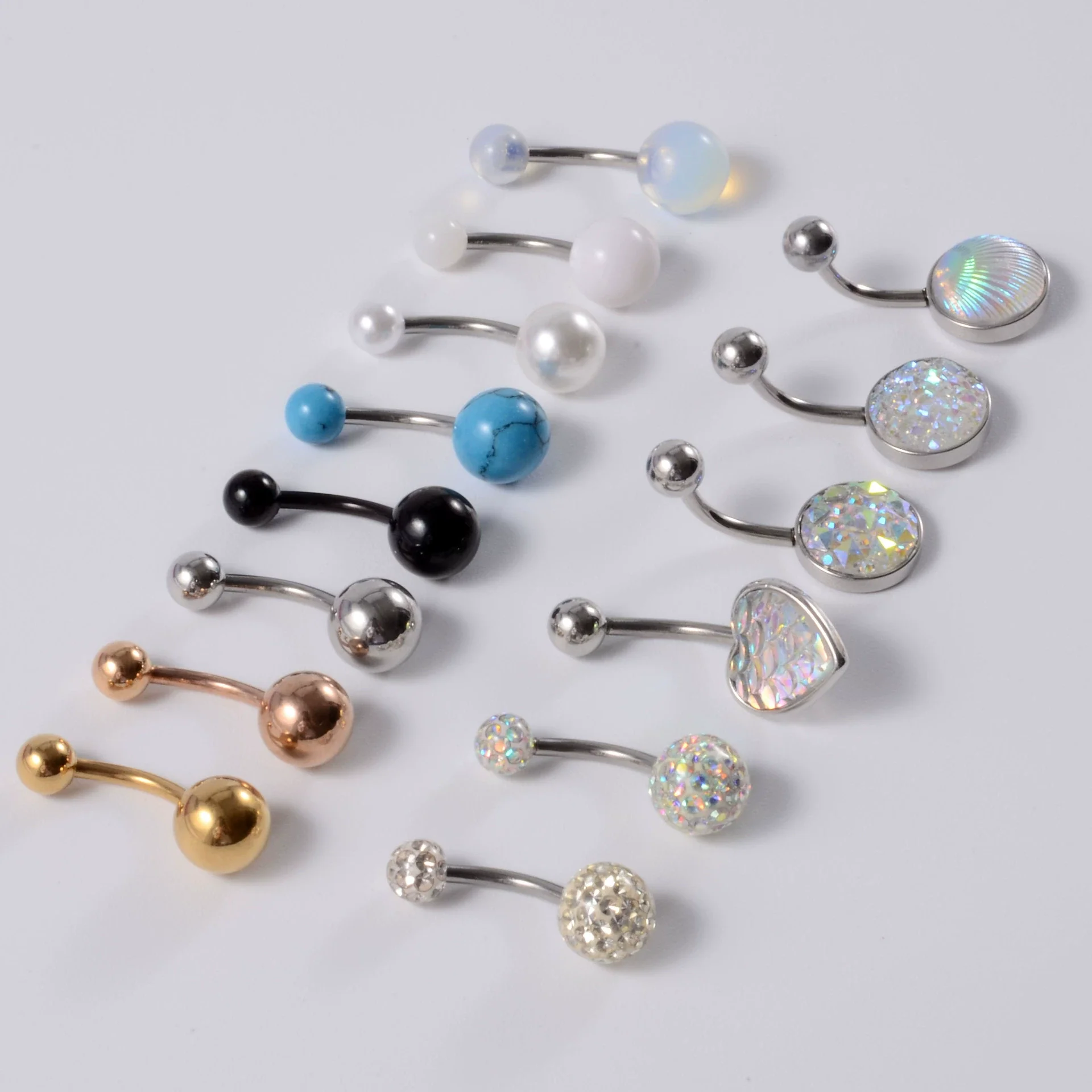 Stainless Steel Simple Geometric Electroplated Navel Ring With Colorful Fish Scale Pearl Ball And Acrylic Opal Mud Diamond Ball - Image 2