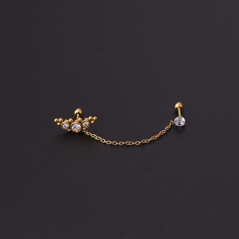Stainless Steel Split Double Ear Hole Screw Ball Earring With Chain Simple Style - Image 3