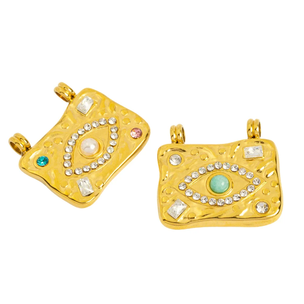 Stainless Steel Square Pendant Jewelry Accessories With Natural Stone Beads And Diamond Set Electroplating Process Devil's Eye Style - Image 4