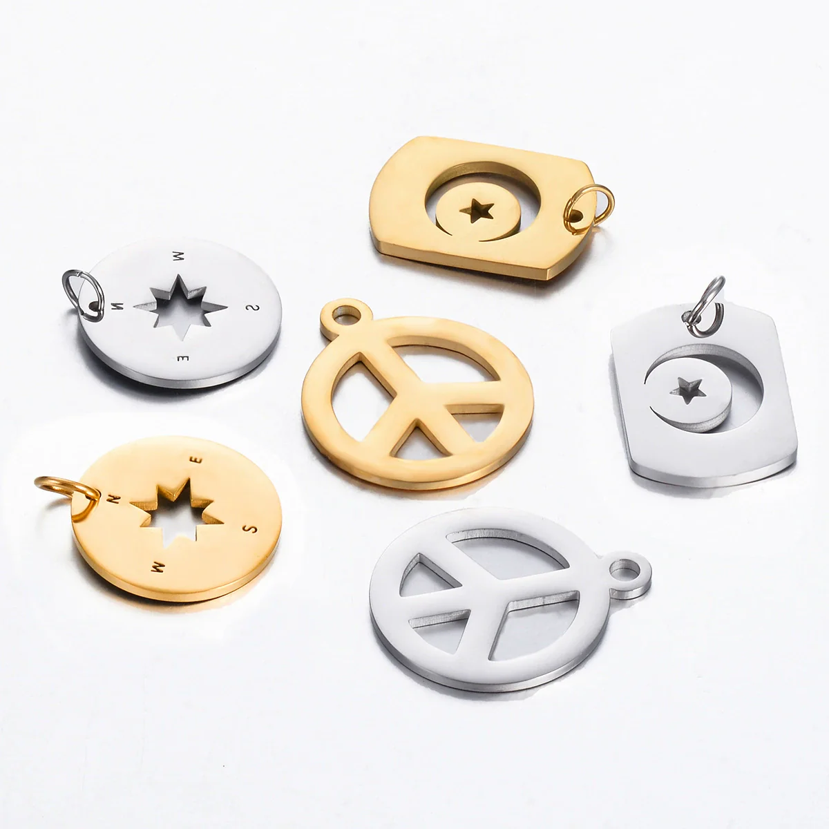 Stainless Steel Square Pendant With Peace Symbol Disc Compass Star Moon Hollow Design Electroplated