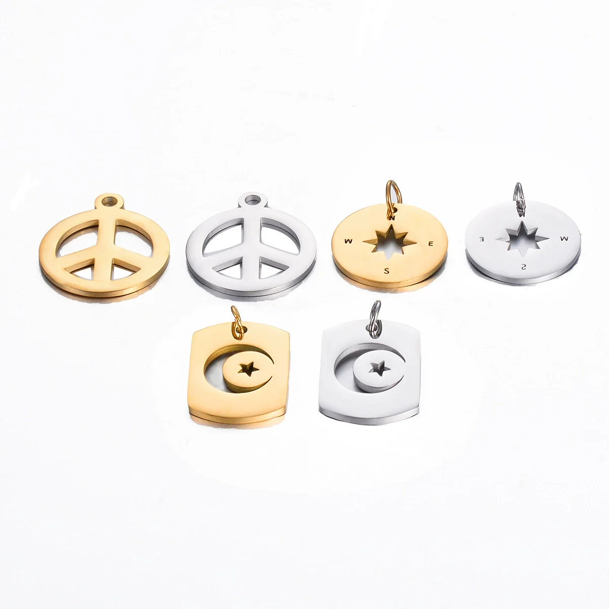 Stainless Steel Square Pendant With Peace Symbol Disc Compass Star Moon Hollow Design Electroplated - Image 2