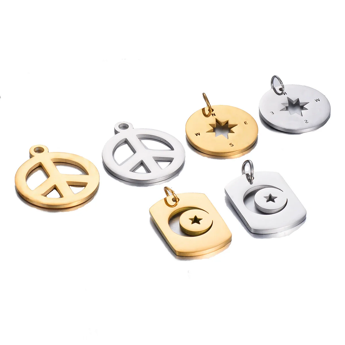 Stainless Steel Square Pendant With Peace Symbol Disc Compass Star Moon Hollow Design Electroplated - Image 4