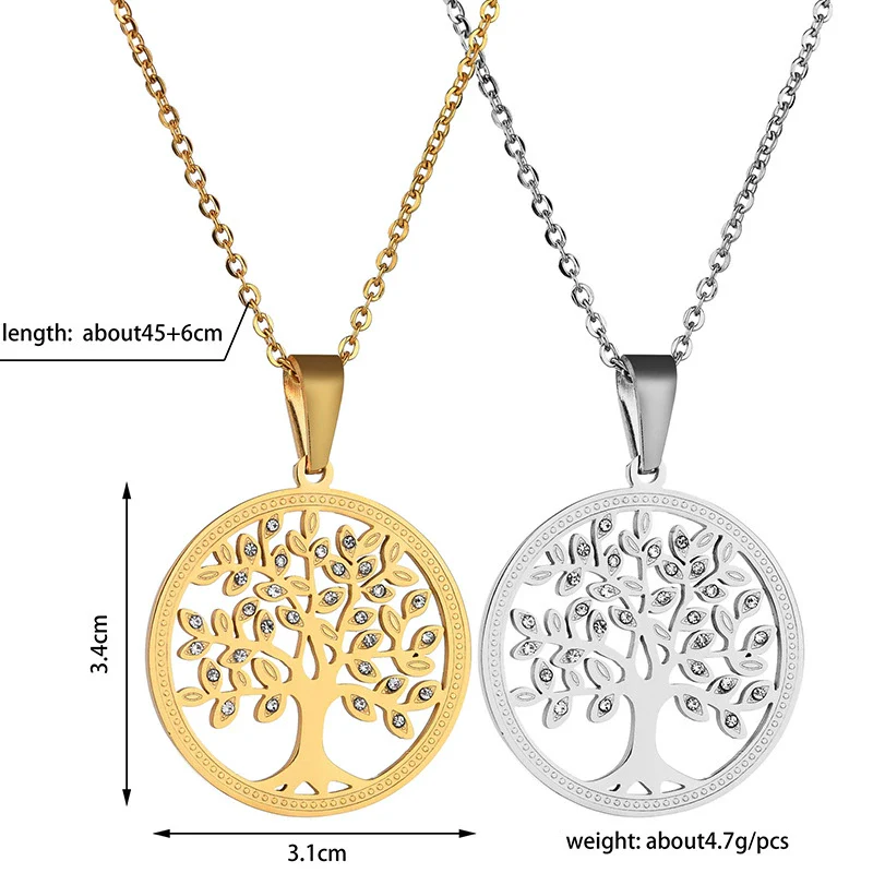 Stainless Steel Tree Of Life Necklace With Microencrusted Zircon Pendant And Ochain Electroplated Geometric Style - Image 2