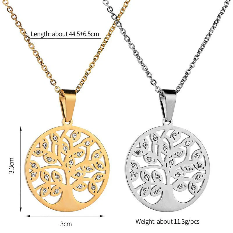 Stainless Steel Tree Of Life Necklace With Microencrusted Zircon Pendant And Ochain Electroplated Geometric Style - Image 4