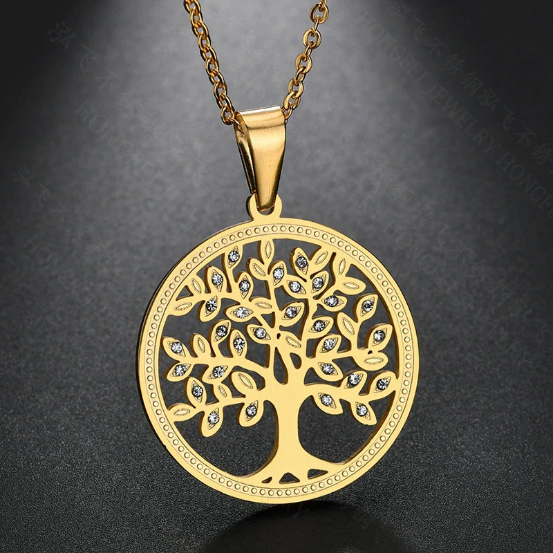 Stainless Steel Tree Of Life Necklace With Microencrusted Zircon Pendant And Ochain Electroplated Geometric Style - Image 6