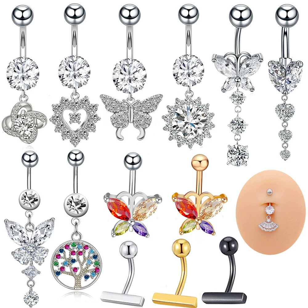 Stainless Steel Women's Body Piercing Jewelry Navel Ring With Heartshaped Butterfly Starshaped Leaves Pendant Alloy Inlaid Artificial And Semiprecious Stones Electroplated