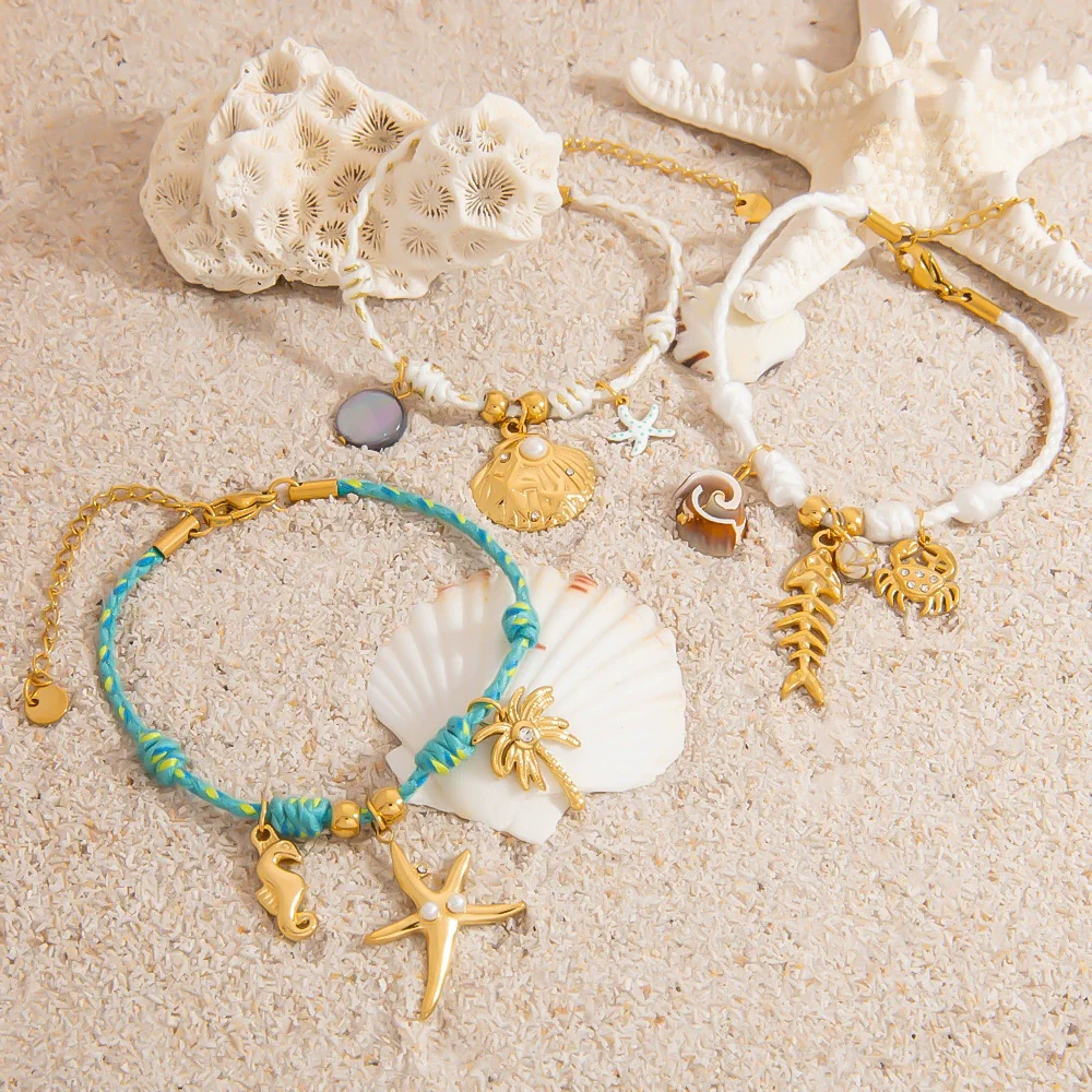 Stainless Steel Women's Geometric Fashion Minimalist Bracelet With Seaside Shell Starfish Pendant And Natural Stone Set With Diamonds Jewelry - Image 2