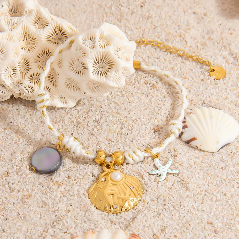 Stainless Steel Women's Geometric Fashion Minimalist Bracelet With Seaside Shell Starfish Pendant And Natural Stone Set With Diamonds Jewelry - Image 3