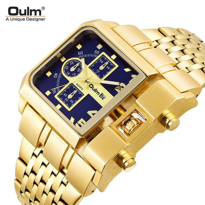 Steel Band Gold Punk Quartz Watch With Large Square Dial