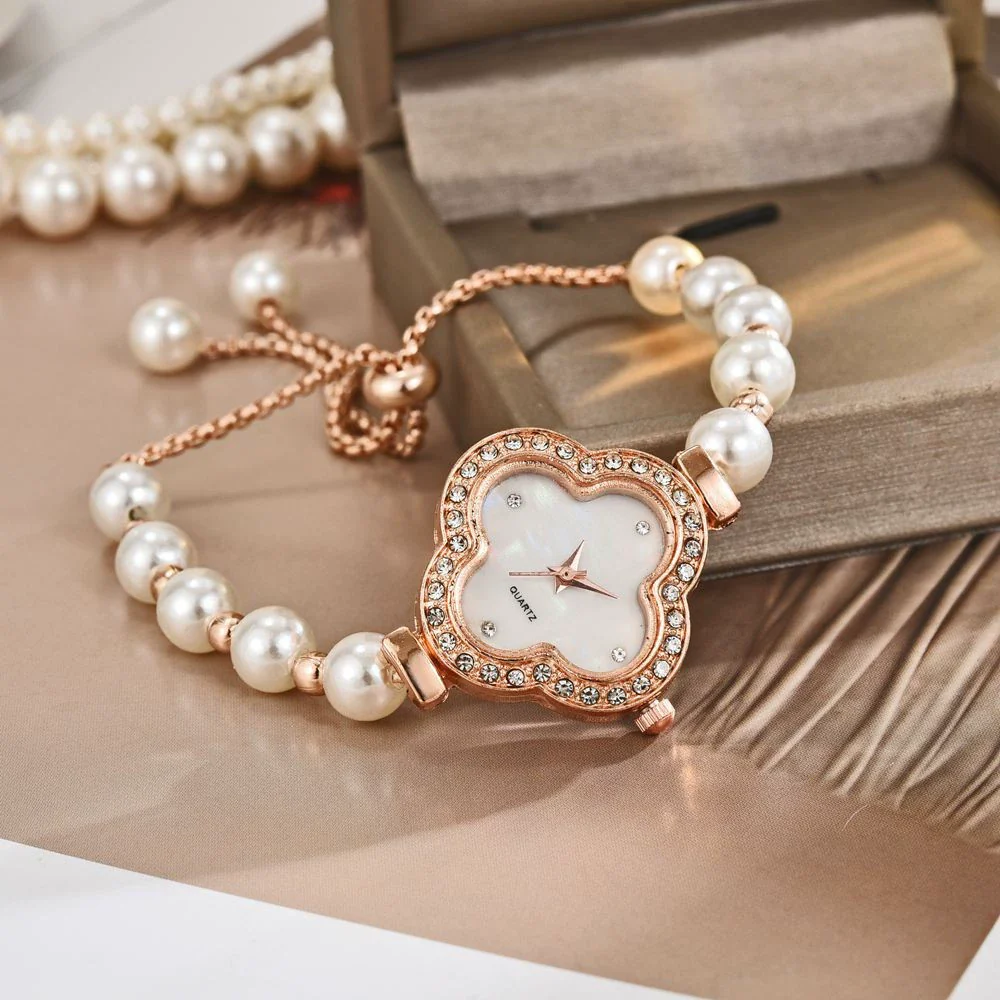 Student Watch Alloy Four Leaf Clover Pearl Decorated Gold Buckle - Image 3