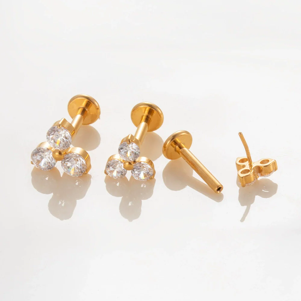 Titanium Alloy Geometric Flowershaped Inlaid Zircons Pushpin Lip Nail Rod Cartilage Piercing Earrings For Women Electroplated