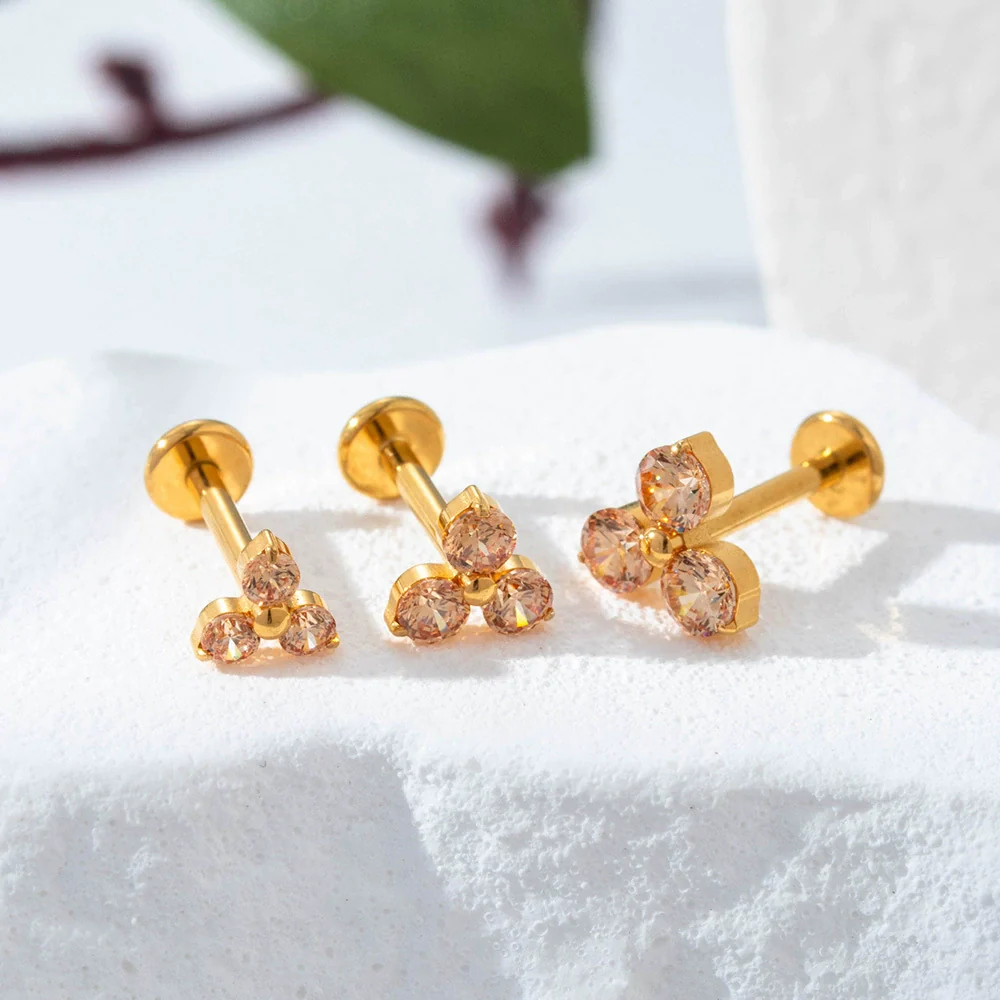 Titanium Alloy Geometric Flowershaped Inlaid Zircons Pushpin Lip Nail Rod Cartilage Piercing Earrings For Women Electroplated - Image 3
