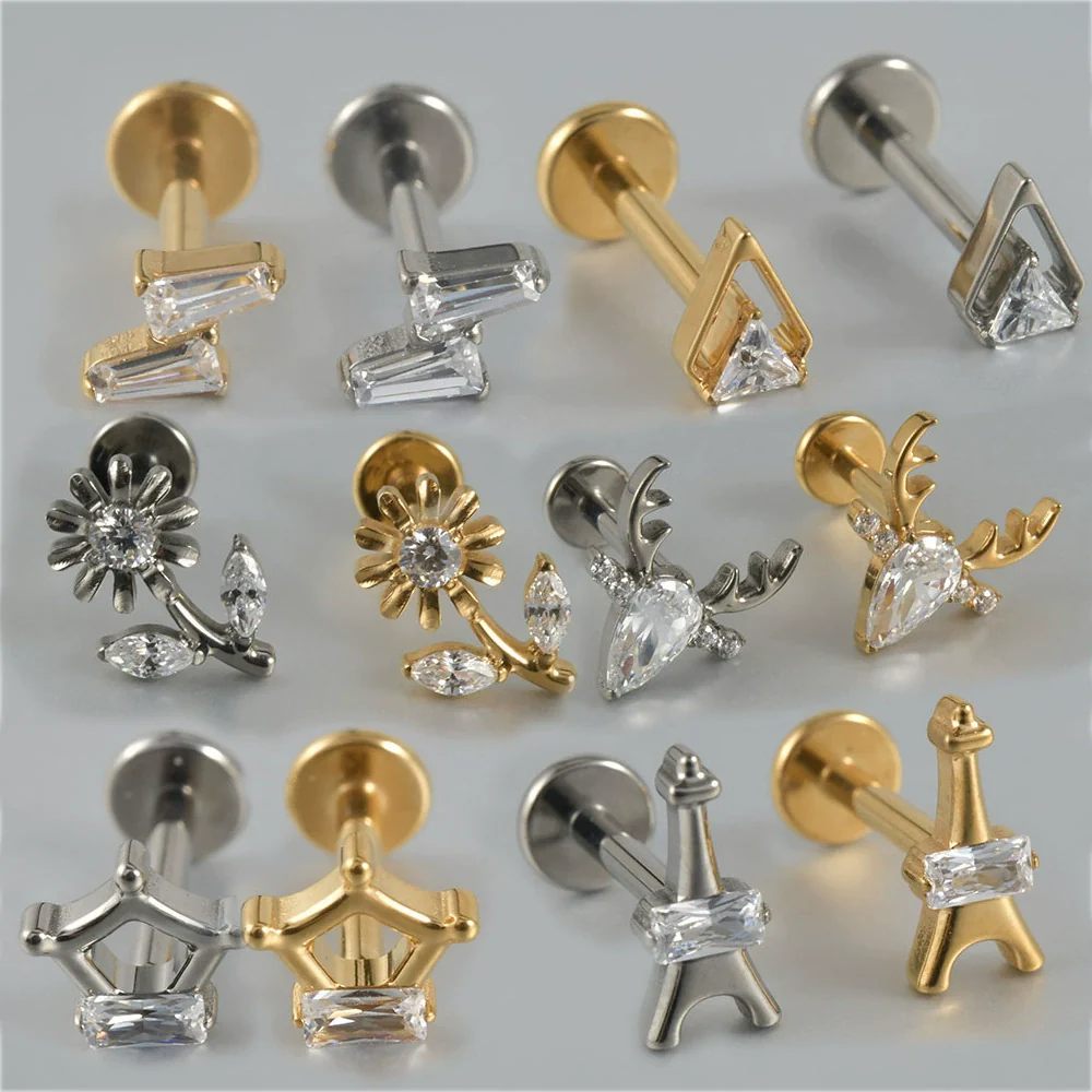 Titanium Alloy Inner Tooth Lip Nail Sunflower Deer Horn Zircon Lip Ring Tshaped Flat Bottom Ear Bone Nail Jewelry Electroplated - Image 2