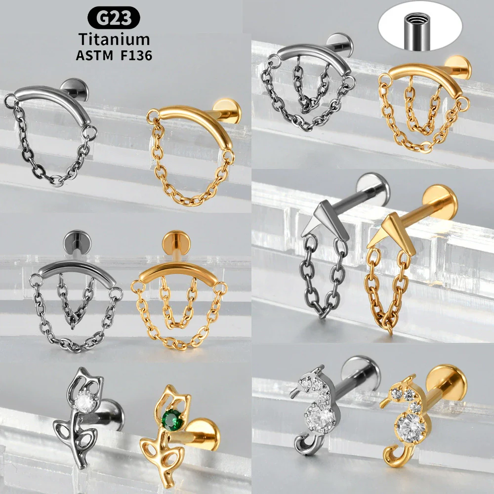 Titanium Seahorse And Flower Pattern Electroplated Curved Chain Earrings Fashion Unisex