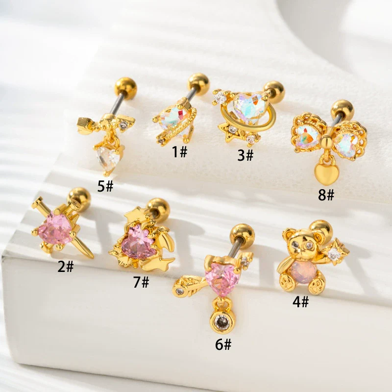 Titanium Steel And Copper Earrings With Inlaid Zircon Heart Bow Bear Design Electroplated For Women Fashion Flower Style - Image 2