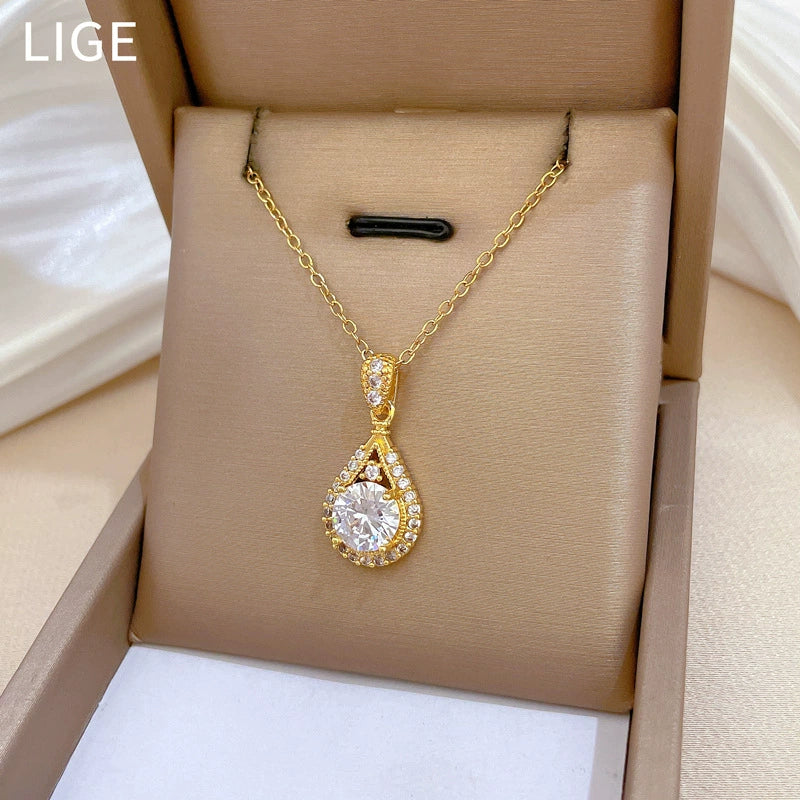 Titanium Steel And Copper Light Luxury Microinlaid Real Gold Water Drop Necklace With Geometric Design For Women - Image 3