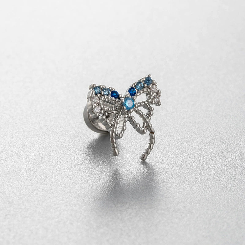 Titanium Steel Bow Shape Zirconia Inlaid Women's Convertible Ear Nail Earrings - Image 2