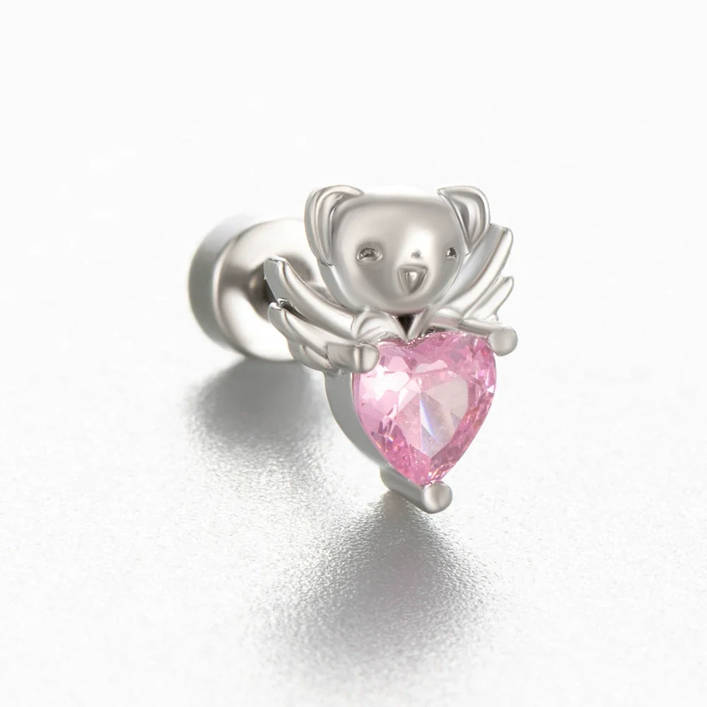 Titanium Steel Cartilage Ear Nail With Cute Bear Love Zircon Inlaid For Women - Image 2