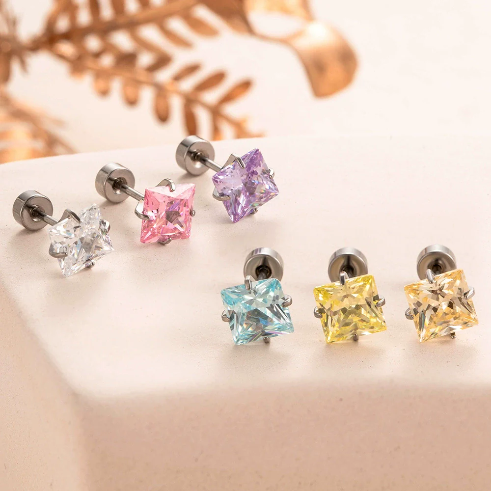 Titanium Steel Earrings With Square Zircon Inlaid Geometric Sweet Girly Style - Image 2