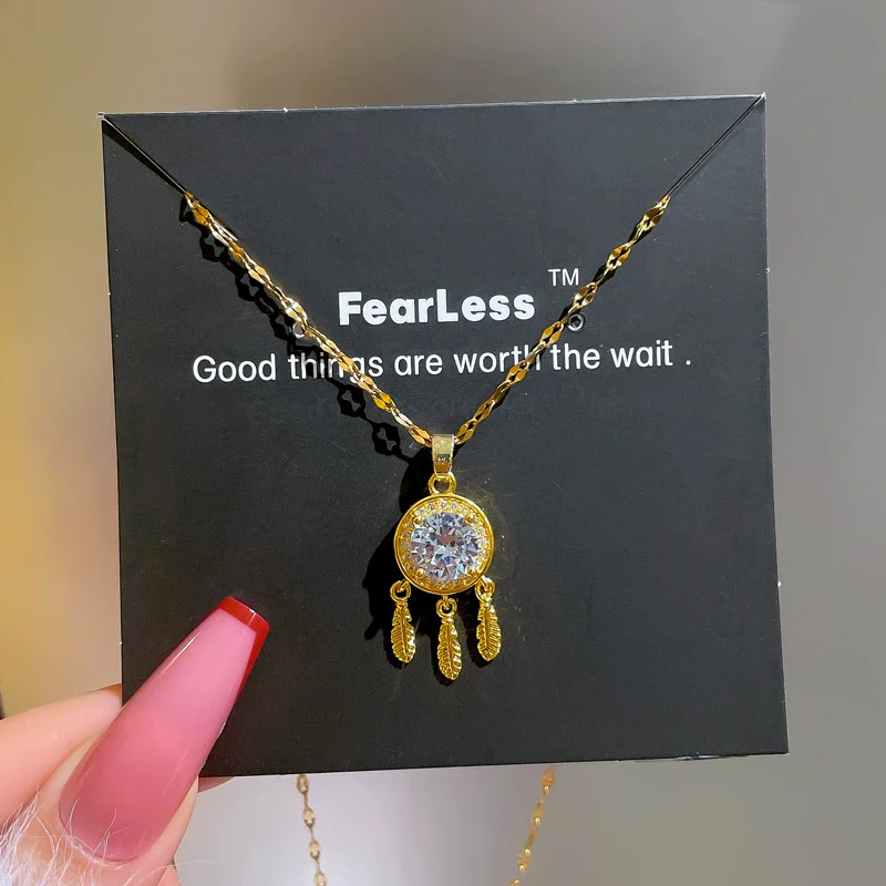 Titanium Steel Feather Tassel Zircon Dream Catcher Necklace With Geometric Pattern For Women - Image 3
