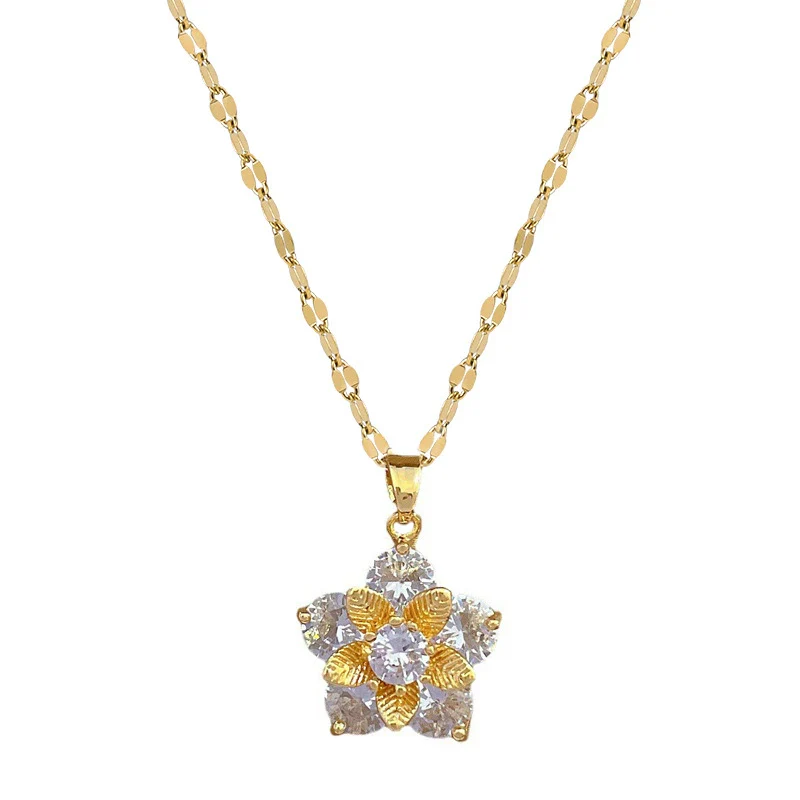 Titanium Steel Fiveleaf Flower Geometric Light Luxury Microinlaid Electroplated Women's Necklace Earrings Set - Image 4