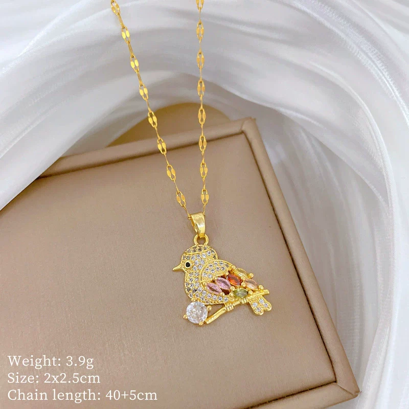 Titanium Steel Geometric Bird Necklace With Diamond Micropaved Zircon And Real Gold Electroplating Cartoon Style - Image 6