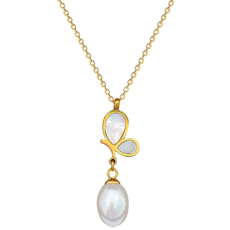 Titanium Steel Geometric Electroplated Butterfly Pearl Shell Clavicle Necklace - Image 5