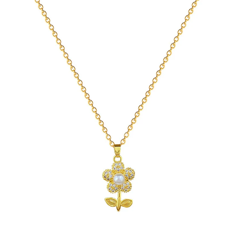 Titanium Steel Geometric Light Luxury Full Diamond Leaves Flower Earrings Necklace Set Electroplated - Image 5