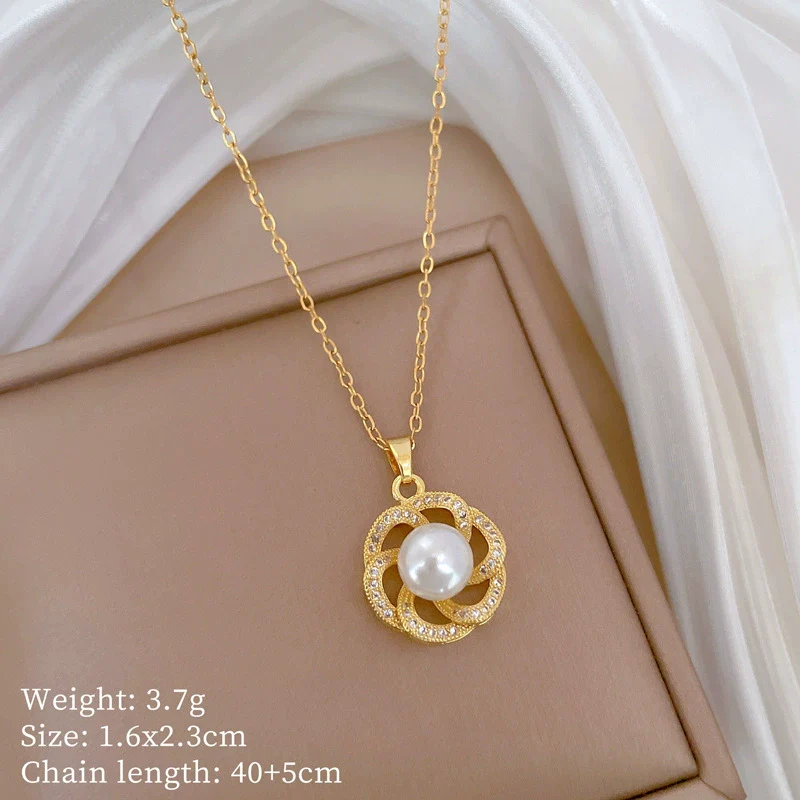 Titanium Steel Geometric Light Luxury Rotating Pearl Earrings Necklace Set With Electroplating - Image 6