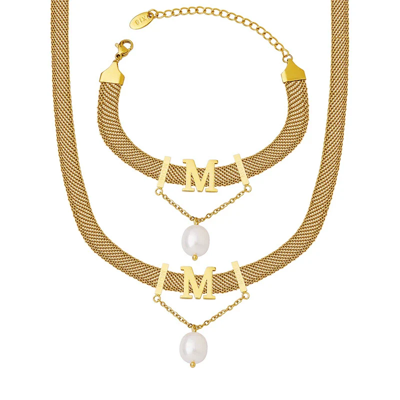 Titanium Steel Gold Plated Women's Jewelry Set With Letter M Tassel Pearl Collar Necklace And Bracelet - Image 4