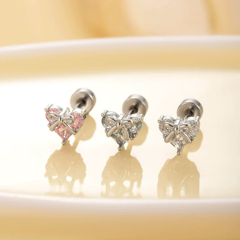 Titanium Steel Heart And Bow Shaped Inlaid Zircon Women's Ear Nail