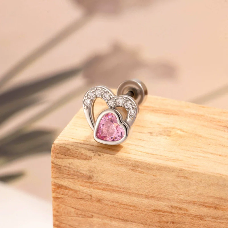 Titanium Steel Heart Shaped Zircon Earrings With Double Head Screw For Unisex Fashion Style - Image 6