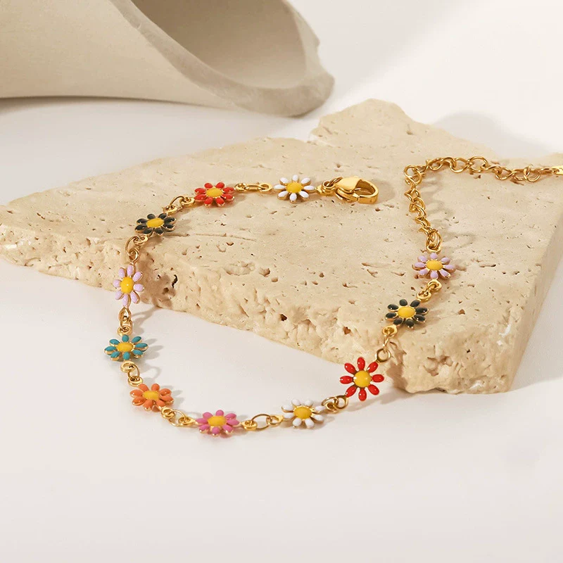 Titanium Steel Jewelry Bracelet With Colorful Daisy Pattern And Electroplating Process Unisex Style - Image 3