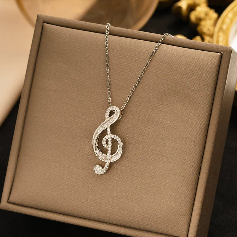 Titanium Steel Music Note Pendant Necklace With Full Diamond Gemstone Electroplated Unisex O Word Chain Jewelry - Image 3