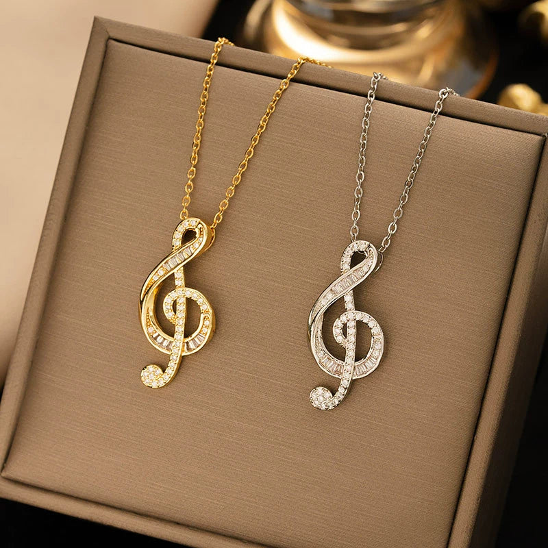 Titanium Steel Music Note Pendant Necklace With Full Diamond Gemstone Electroplated Unisex O Word Chain Jewelry - Image 4