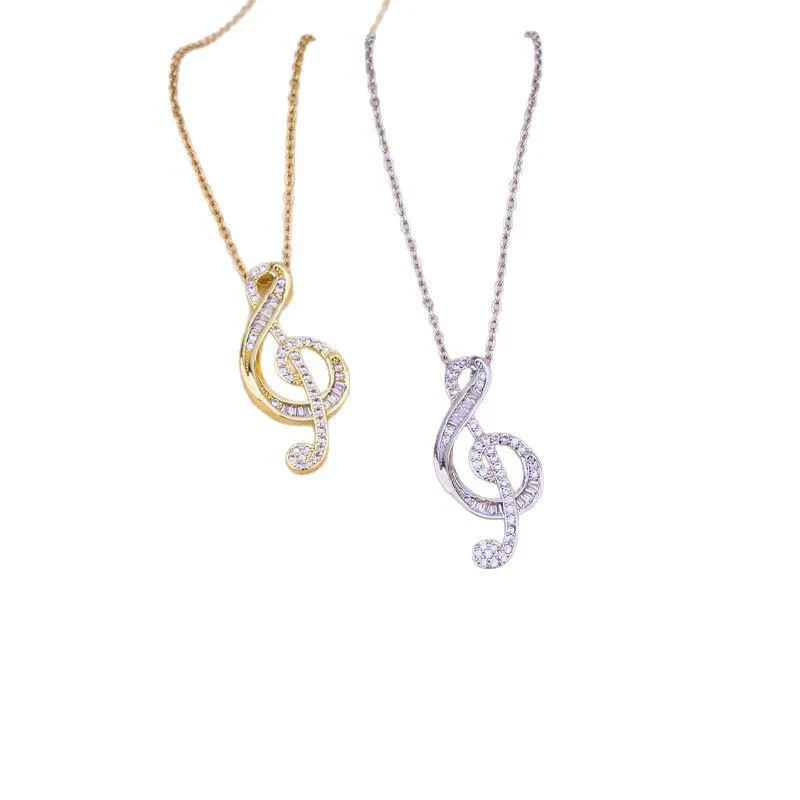 Titanium Steel Music Note Pendant Necklace With Full Diamond Gemstone Electroplated Unisex O Word Chain Jewelry - Image 5