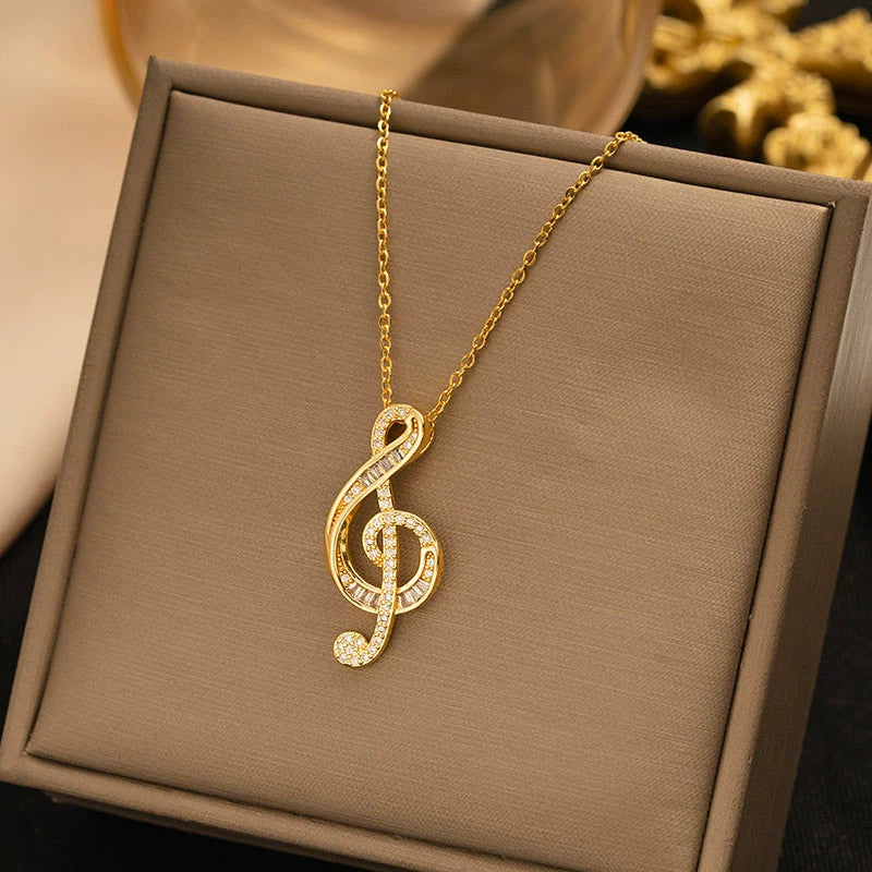 Titanium Steel Music Note Pendant Necklace With Full Diamond Gemstone Electroplated Unisex O Word Chain Jewelry - Image 6